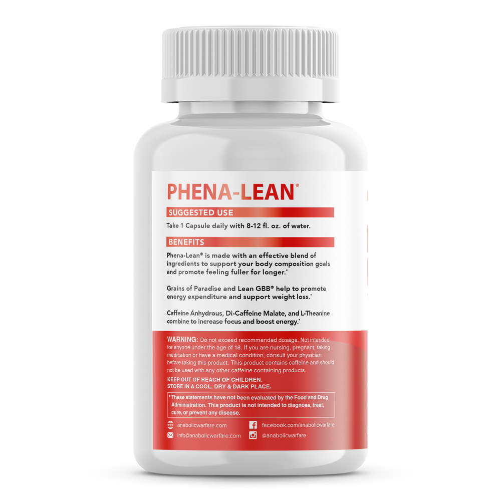 Phena-Lean supplement bottle with red label on a white background