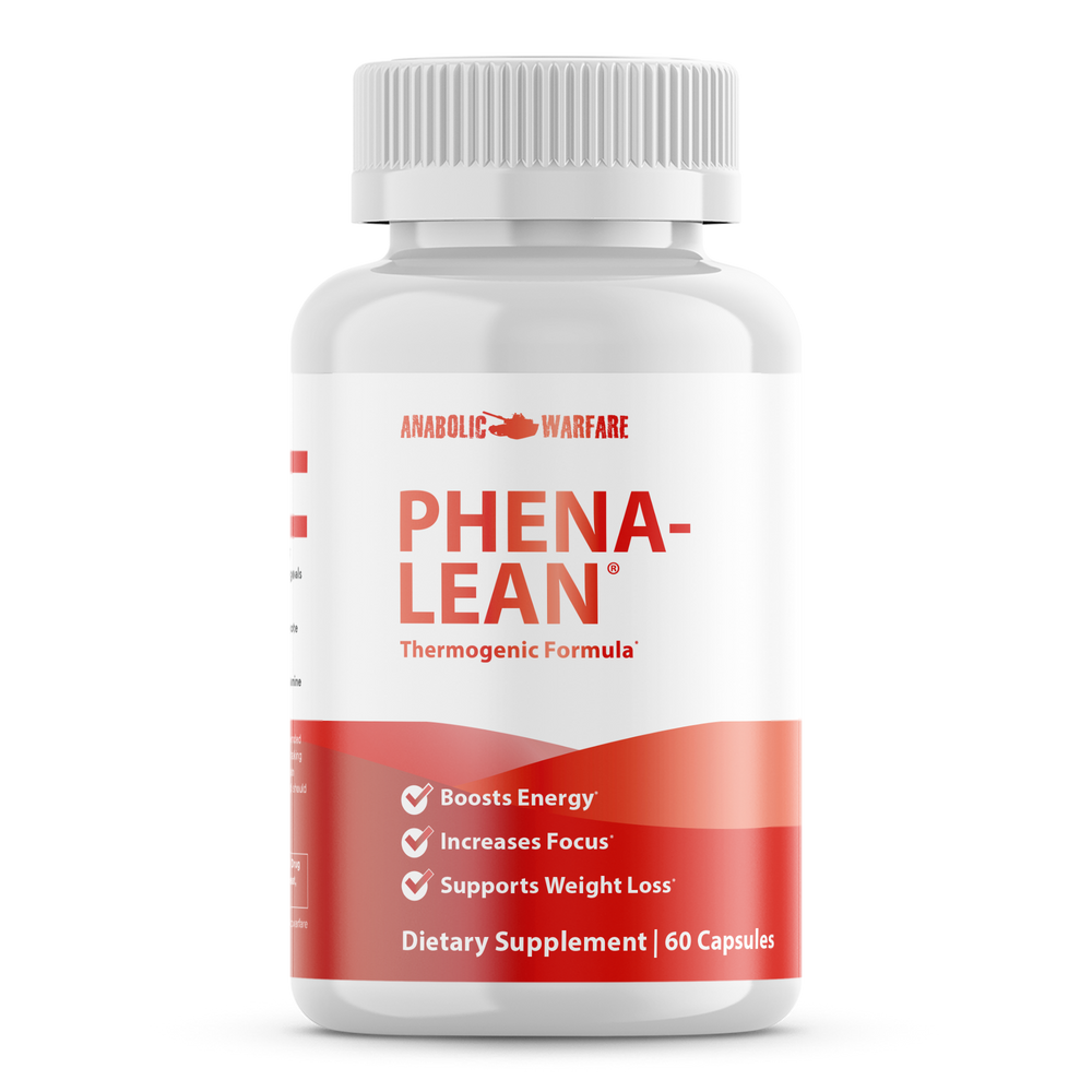 Phena-Lean dietary supplement bottle with red and white label on a white background