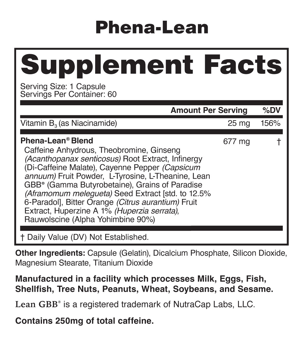 Supplement facts label for Phena-Lean on a white background