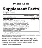 Supplement facts label for Phena-Lean on a white background