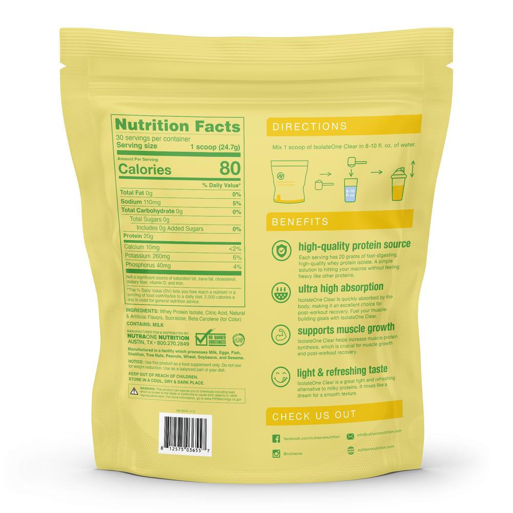 NutraOne IsolateOne Clear Lemon Italian Ice back