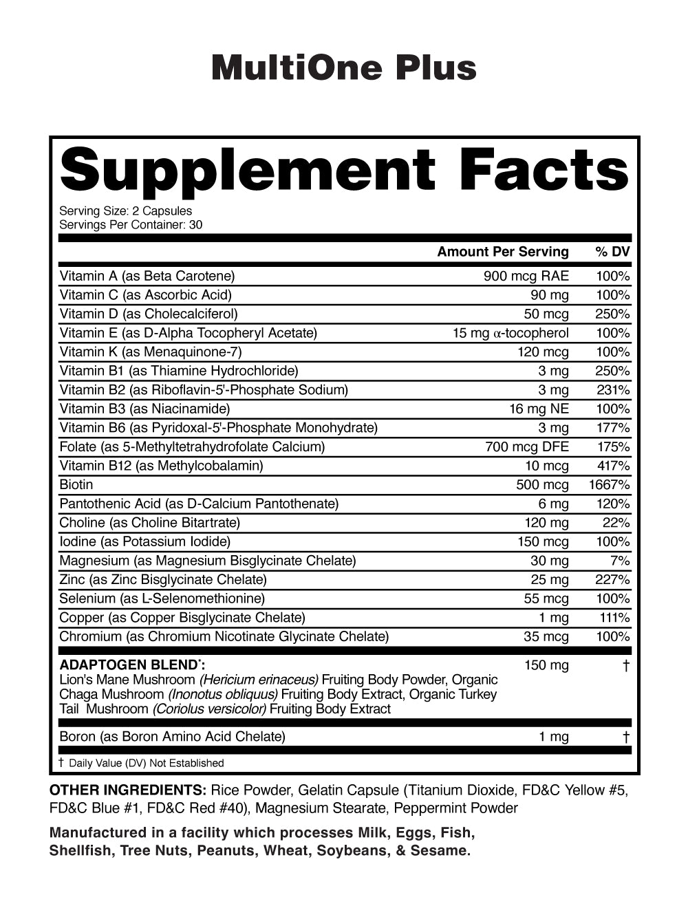 Supplement Nutrition Facts and Serving Size for a Multivitamin product.